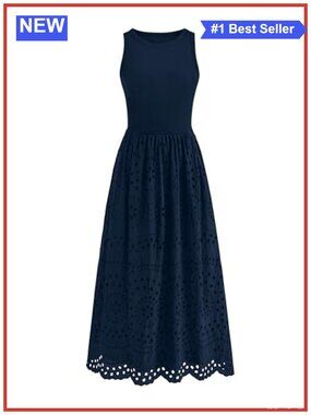Women's Sleeveless Eyelet Lace Cotton Maxi Tank Dress with Pockets